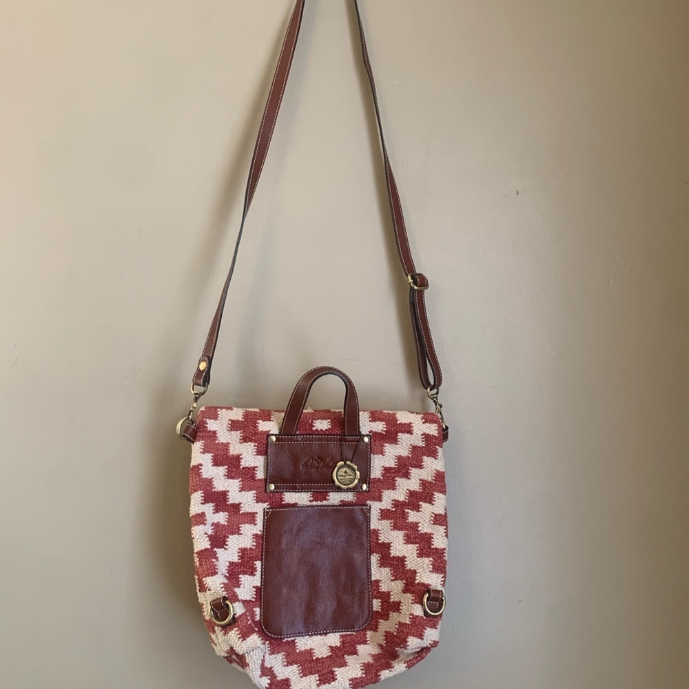 Patricia Nash Woven Casoli Convertible Backpack Papaya Crossbody Leather Trim - Picture 6 of 11